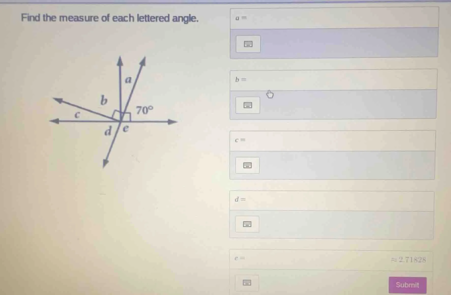 find the measure of each lettered angle. a = b = c = d = e =