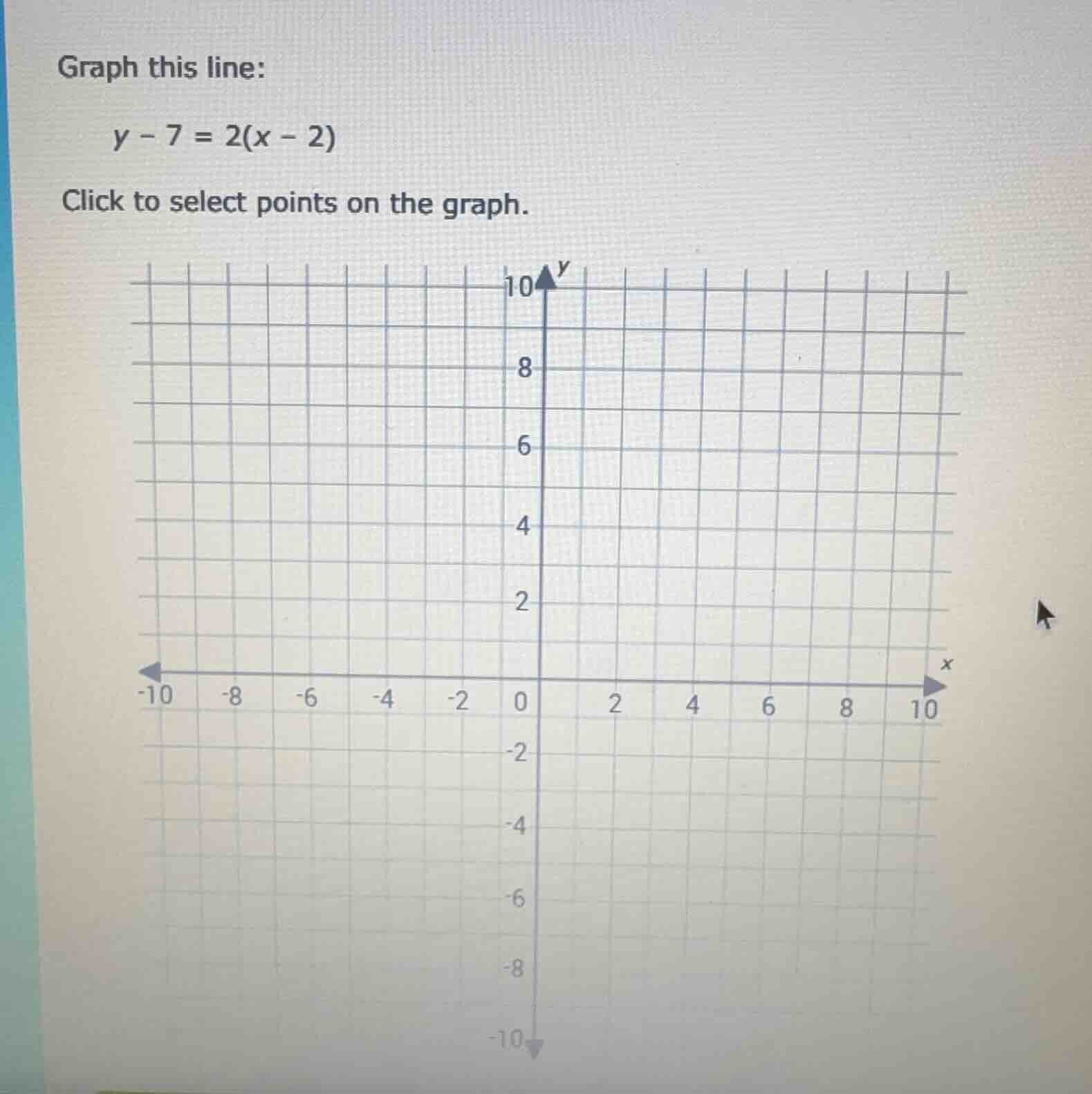 graph this line: $y - 7 = 2(x - 2)$ click to select points on the graph.