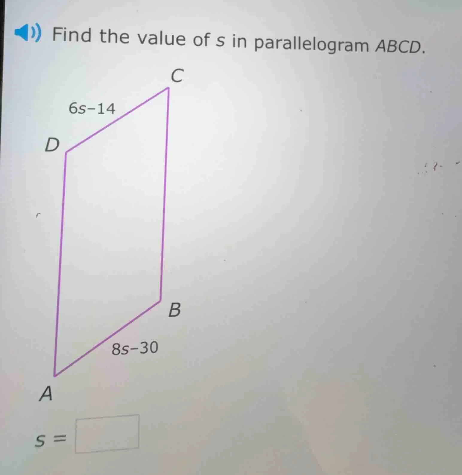 find the value of s in parallelogram abcd.