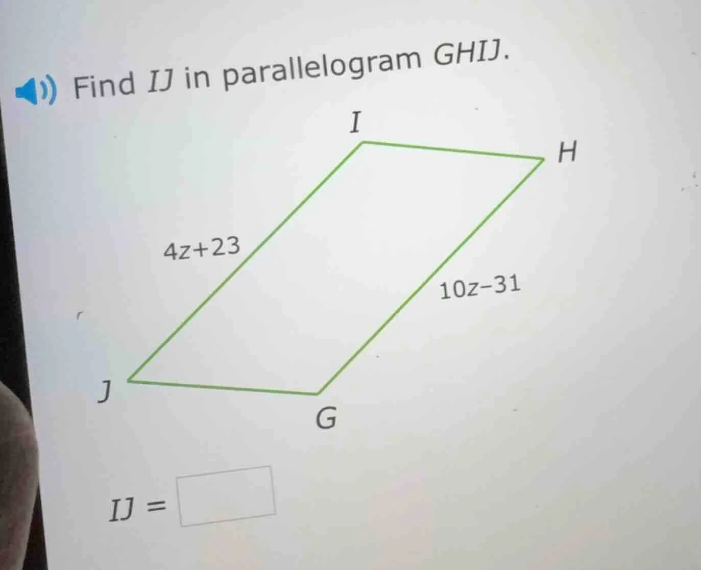 find ij in parallelogram ghij. the parallelogram ghij has side ij label…
