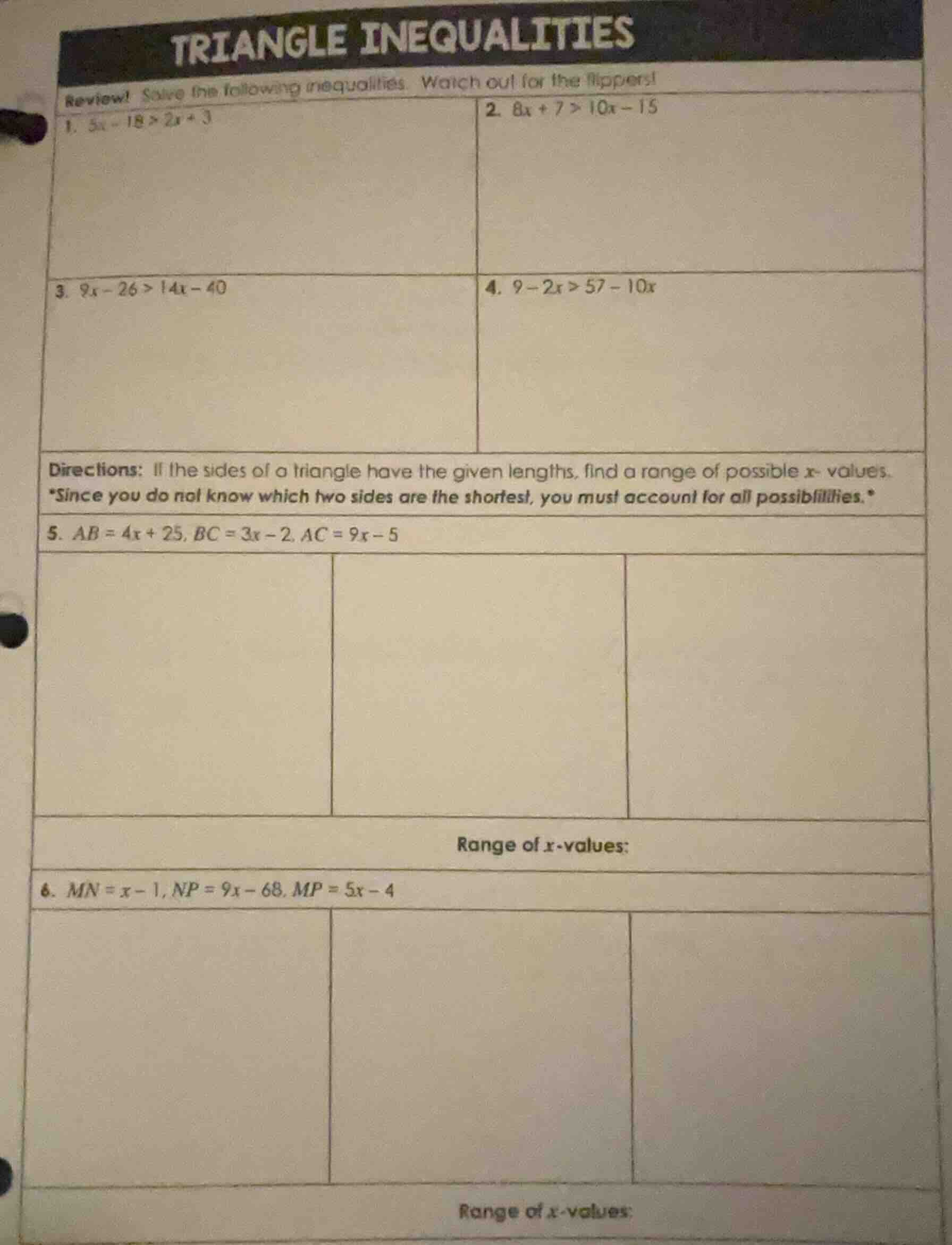 triangle inequalities review! solve the following inequalities. watch o…