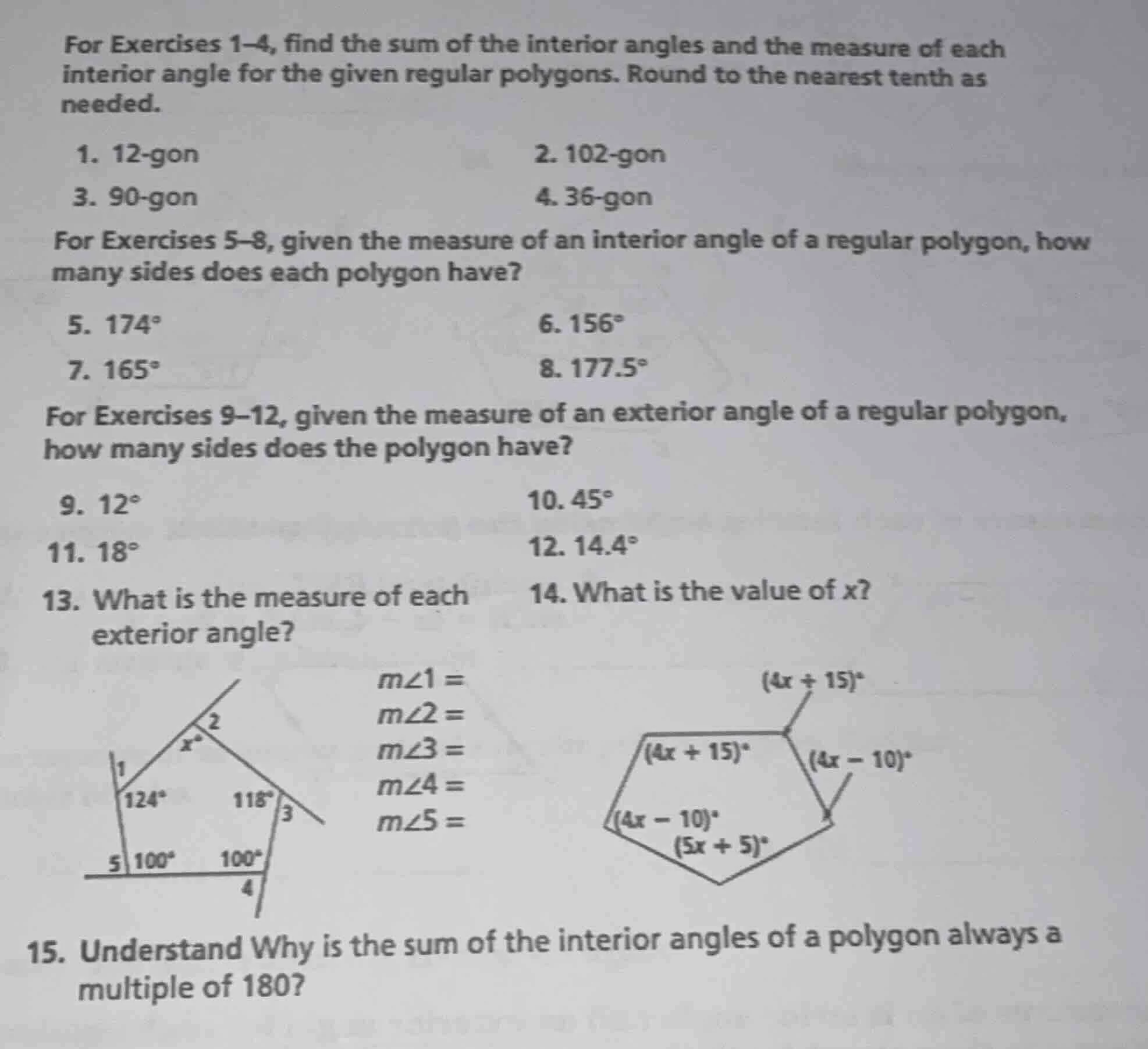 for exercises 1–4, find the sum of the interior angles and the measure …