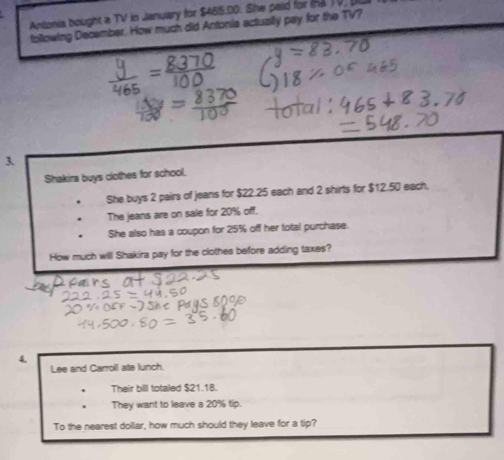 3. shakira buys clothes for school. - she buys 2 pairs of jeans for $22…