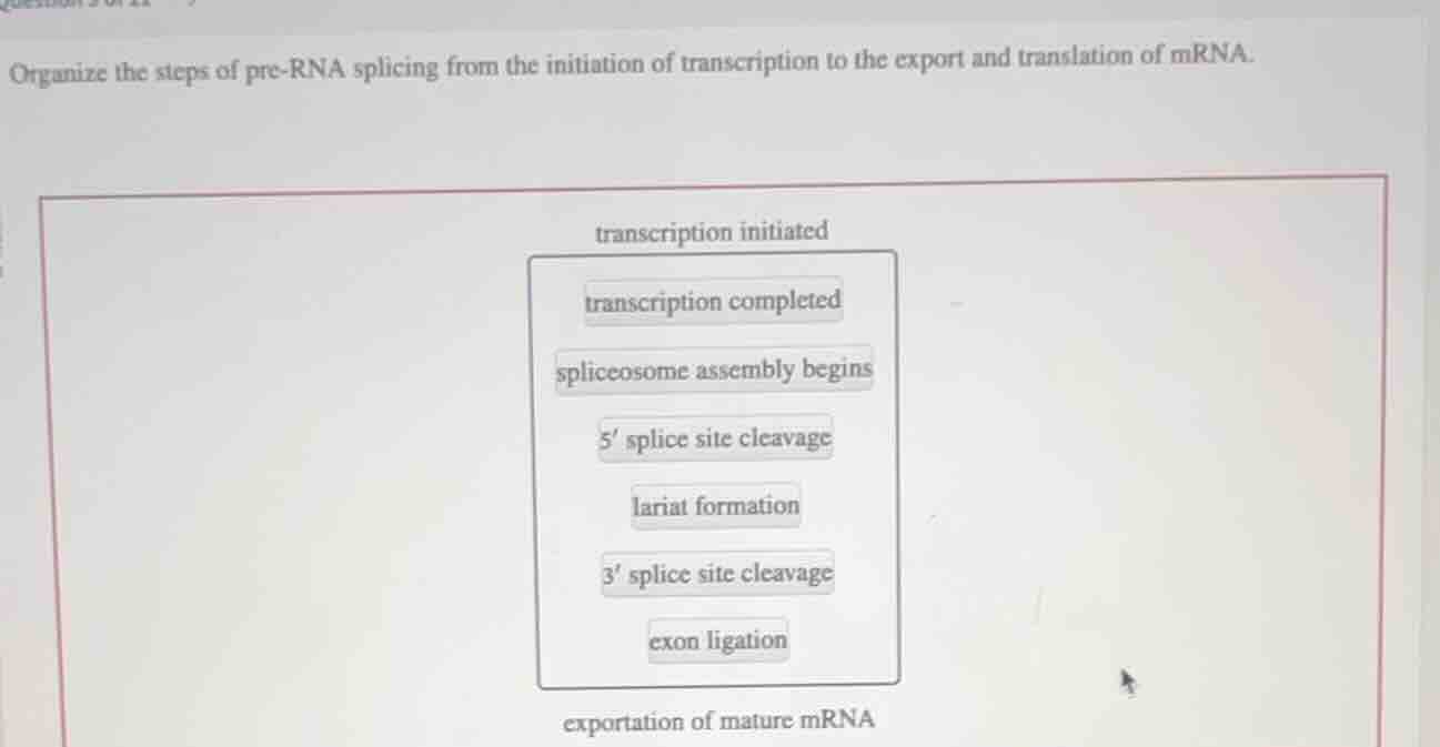 organize the steps of pre - rna splicing from the initiation of transcr…
