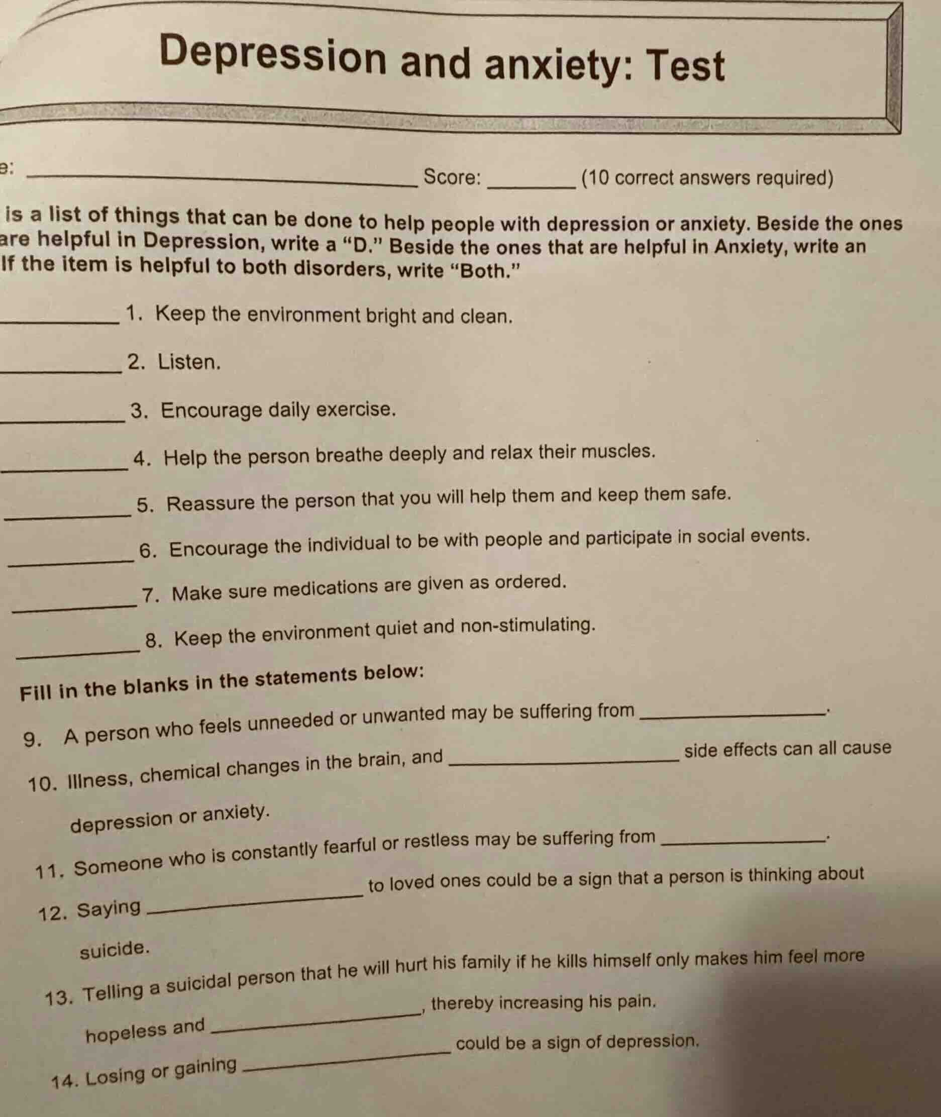 depression and anxiety: test : _______________________________ score: _…