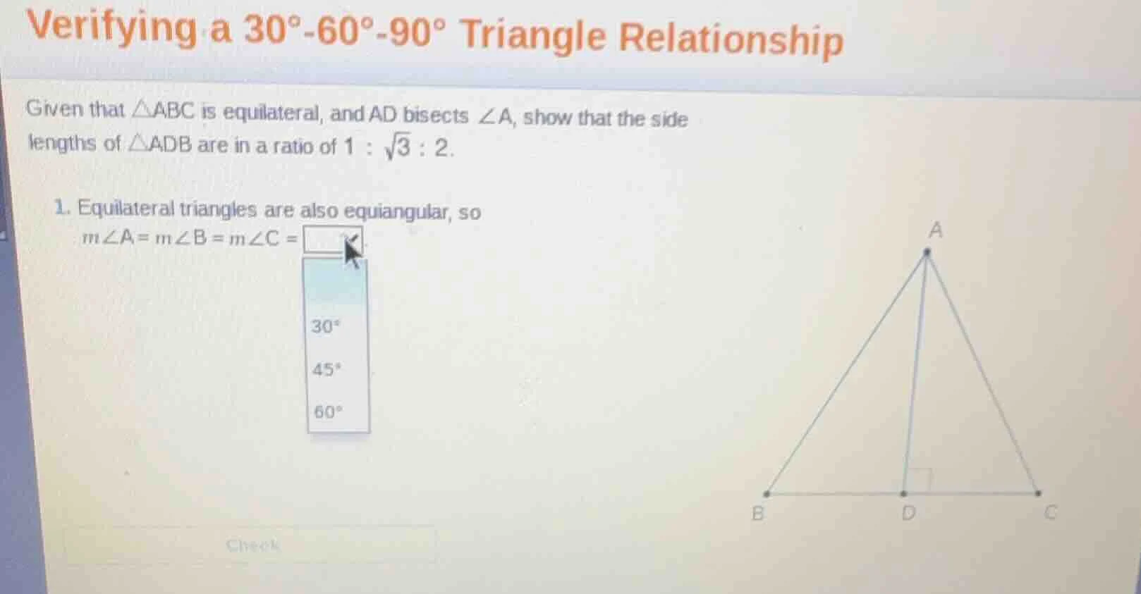 verifying a 30°-60°-90° triangle relationship given that △abc is equila…