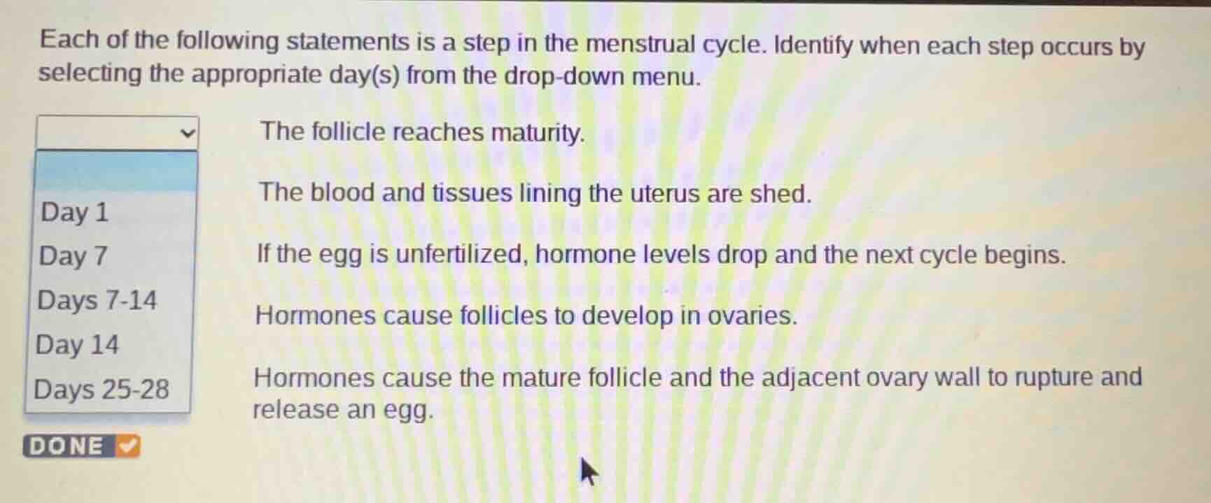 each of the following statements is a step in the menstrual cycle. iden…
