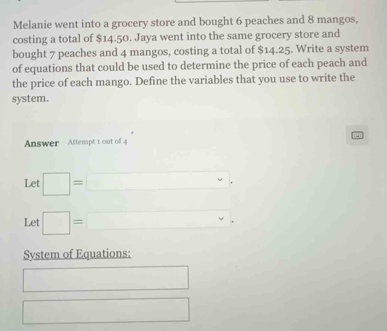 melanie went into a grocery store and bought 6 peaches and 8 mangos, co…