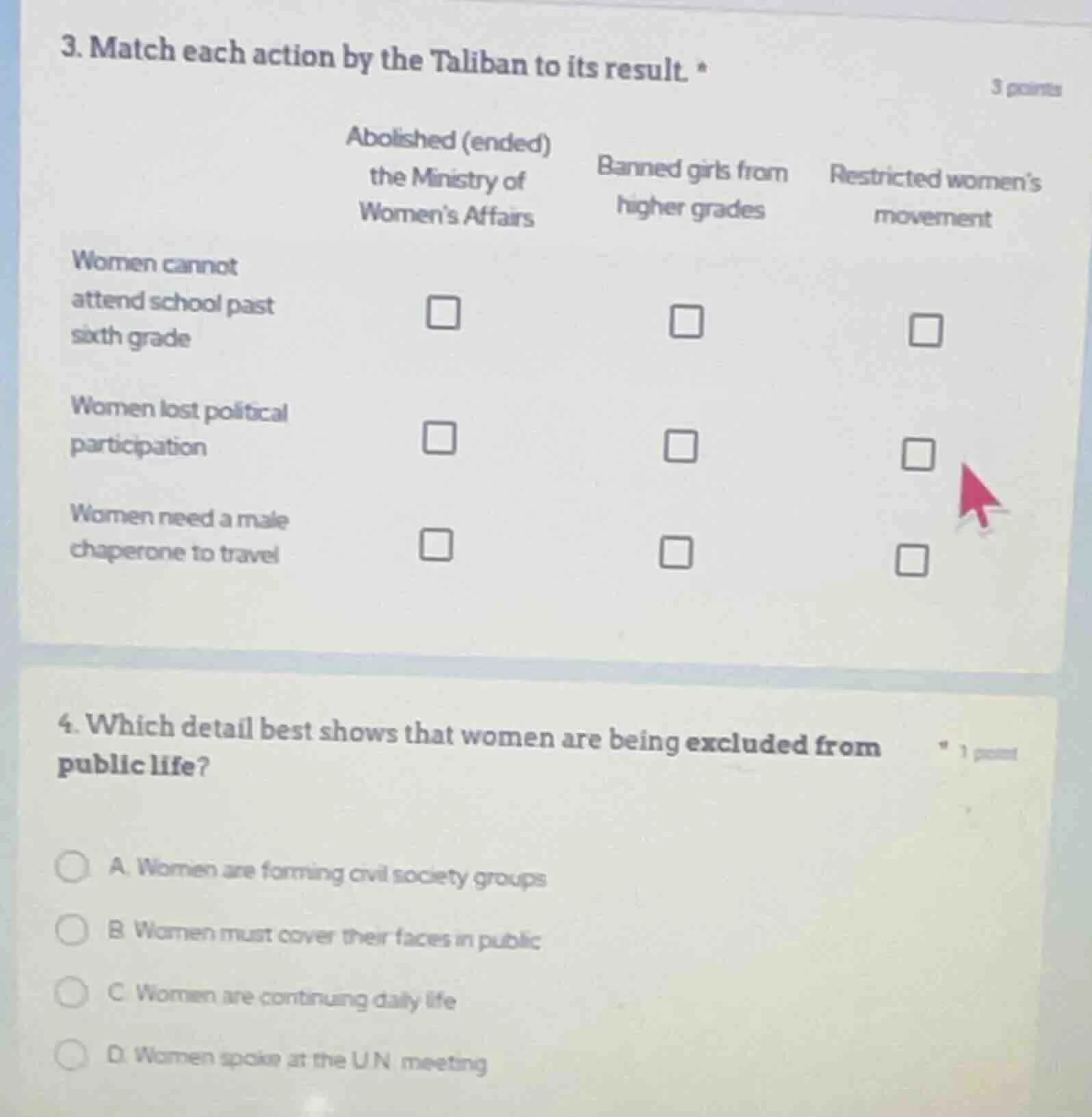 3. match each action by the taliban to its result. abolished (ended) th…