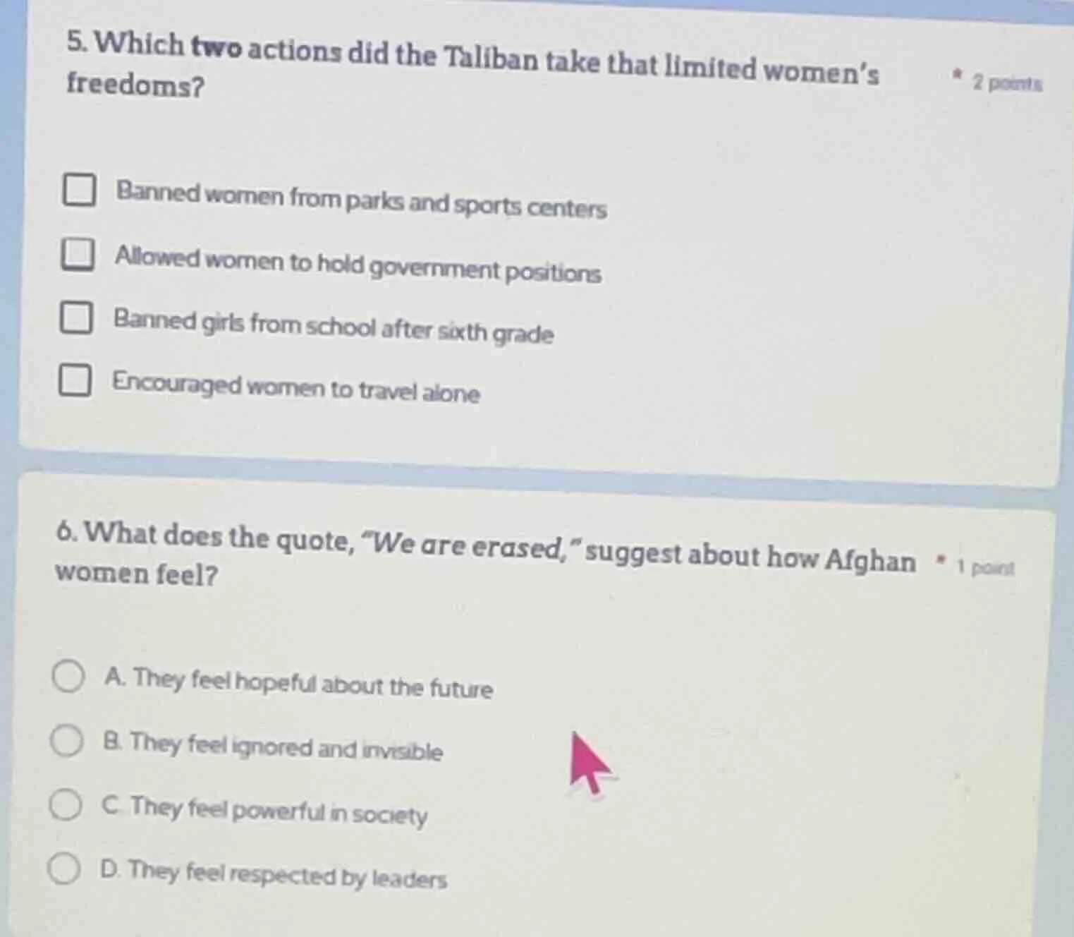 5. which two actions did the taliban take that limited women’s freedoms…