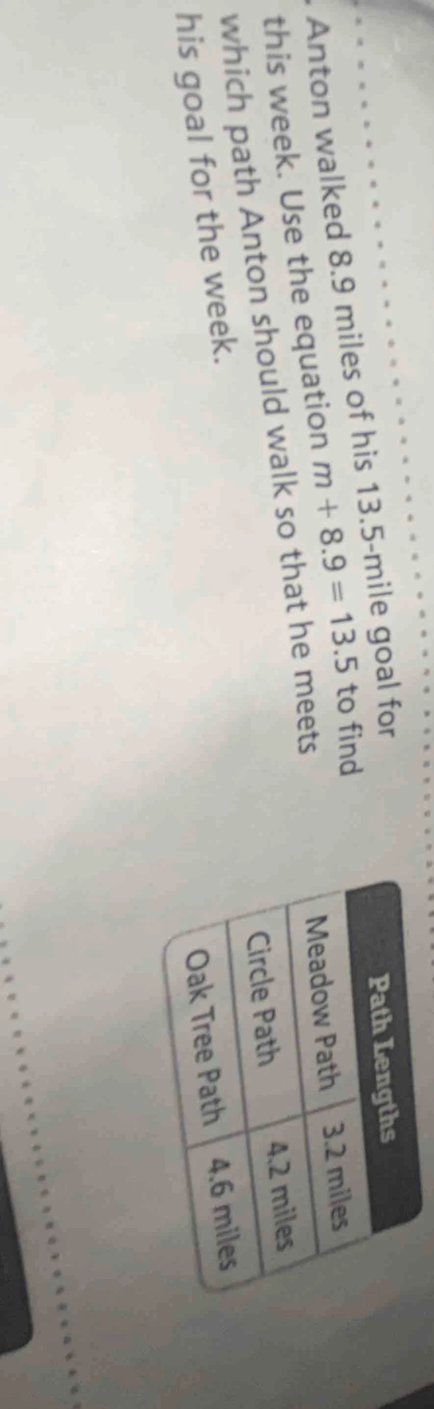 anton walked 8.9 miles of his 13.5 - mile goal for this week. use the e…