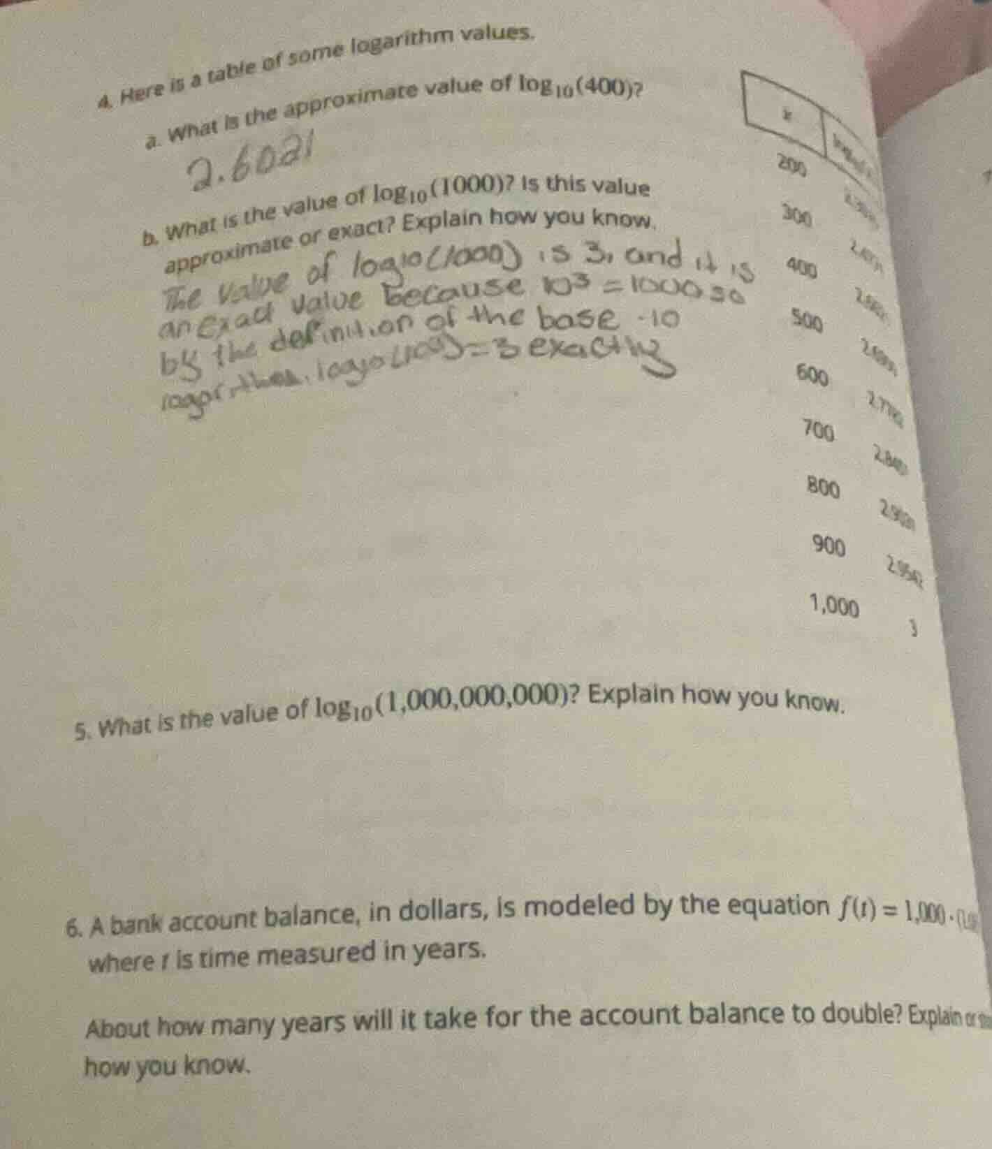 4. here is a table of some logarithm values. a. what is the approximate…