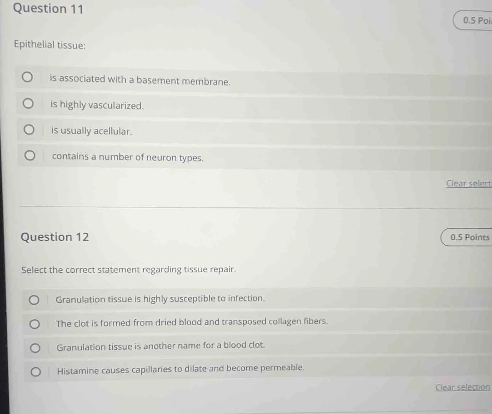 question 11 epithelial tissue: - is associated with a basement membrane…