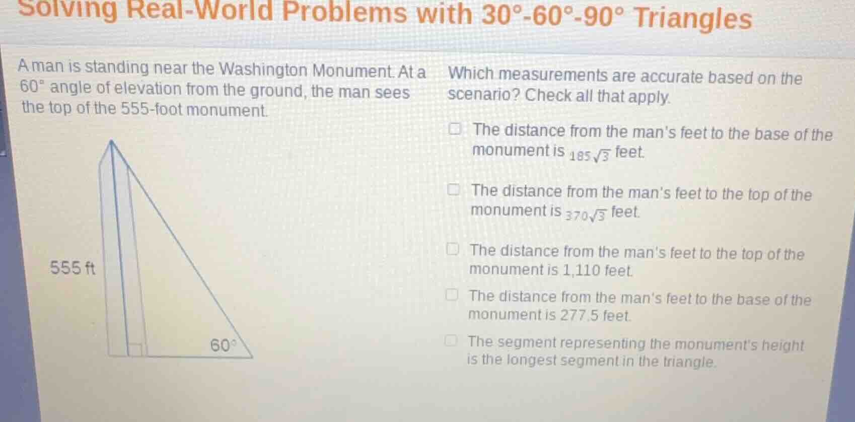 solving real - world problems with 30° - 60° - 90° triangles a man is s…