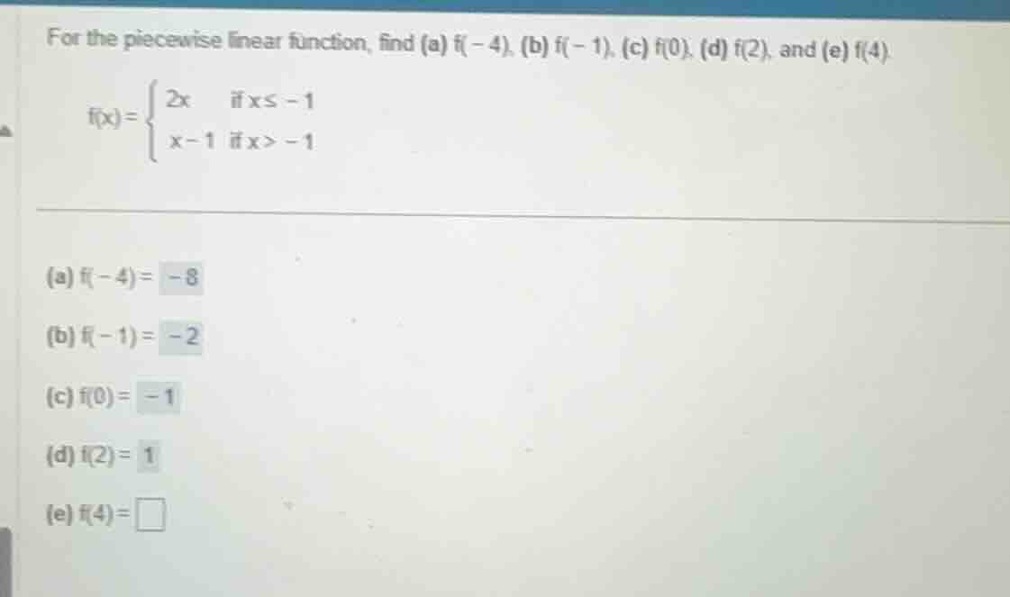 for the piecewise linear function, find (a) ( f(-4) ), (b) ( f(-1) ), (…