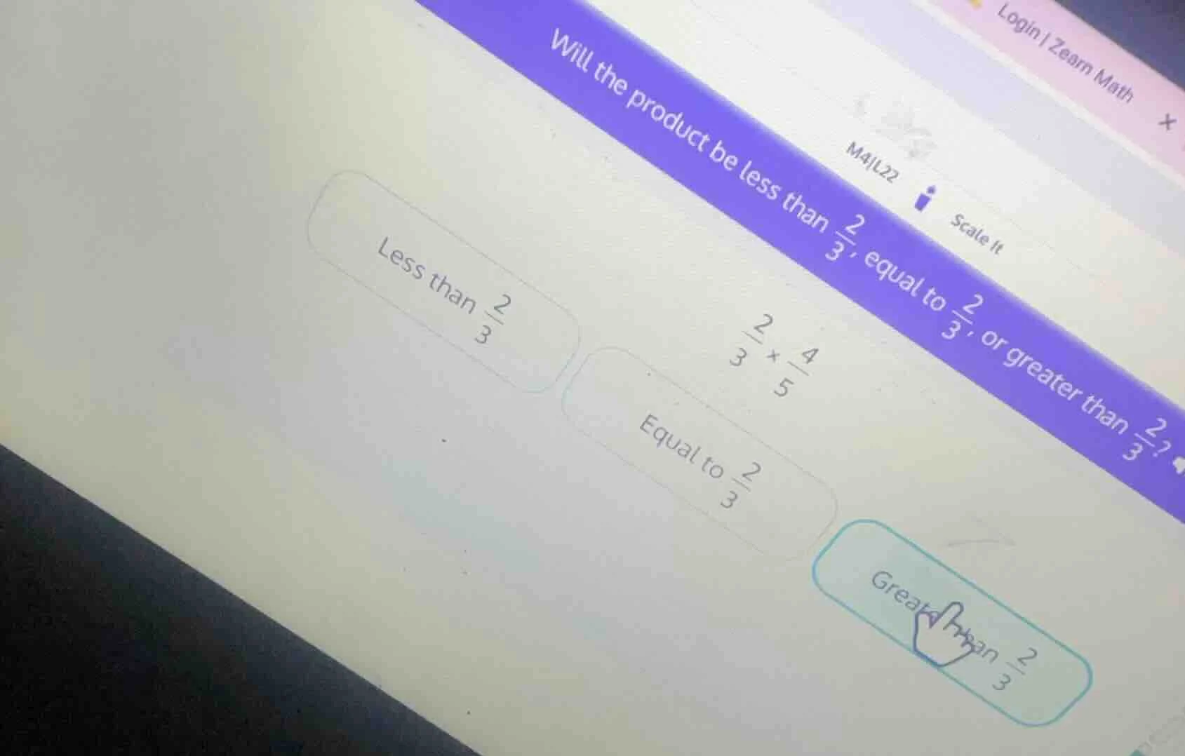 will the product be less than \\(\frac{2}{3}\\), equal to \\(\frac{2}{3…