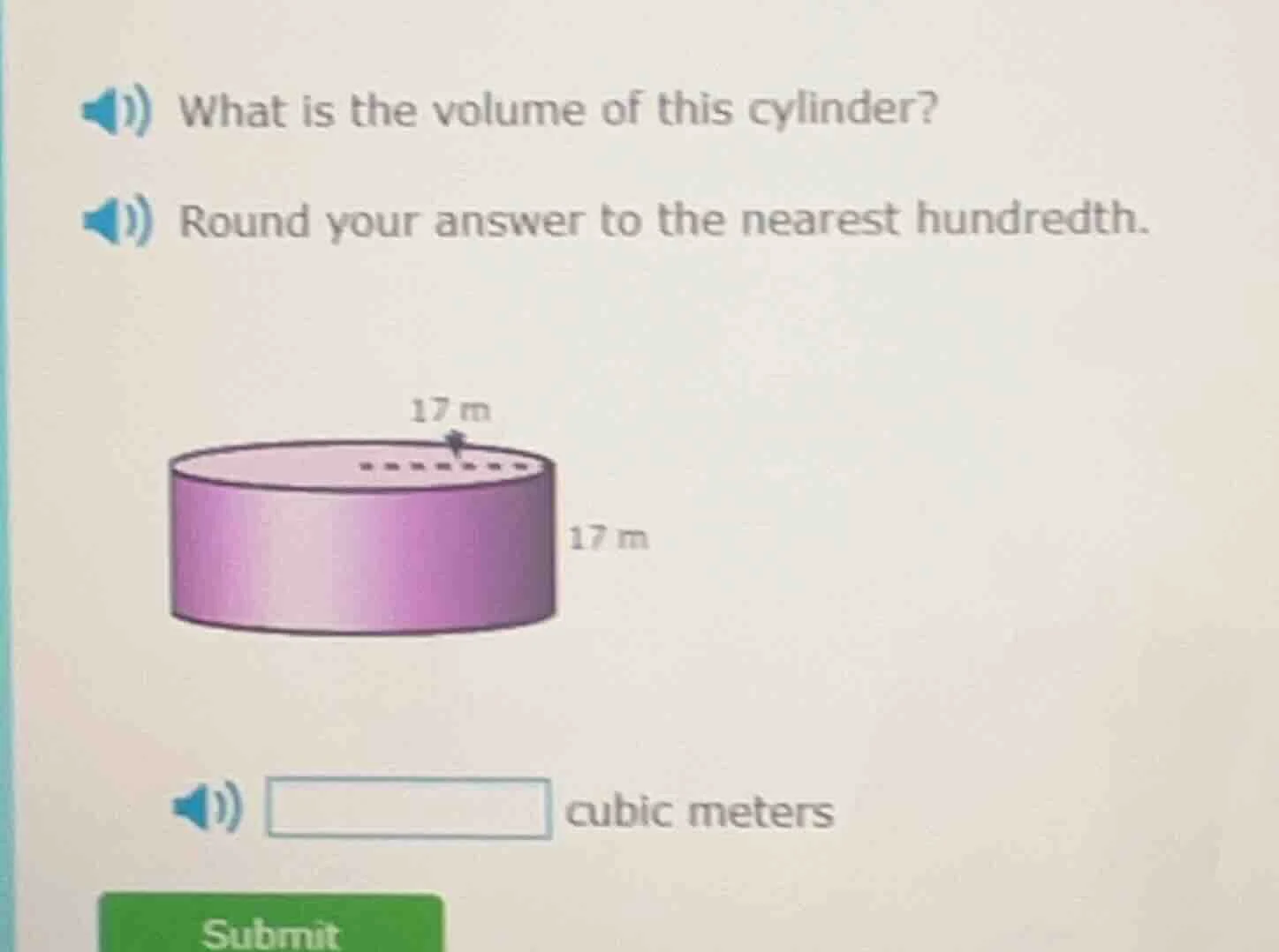 what is the volume of this cylinder? round your answer to the nearest h…