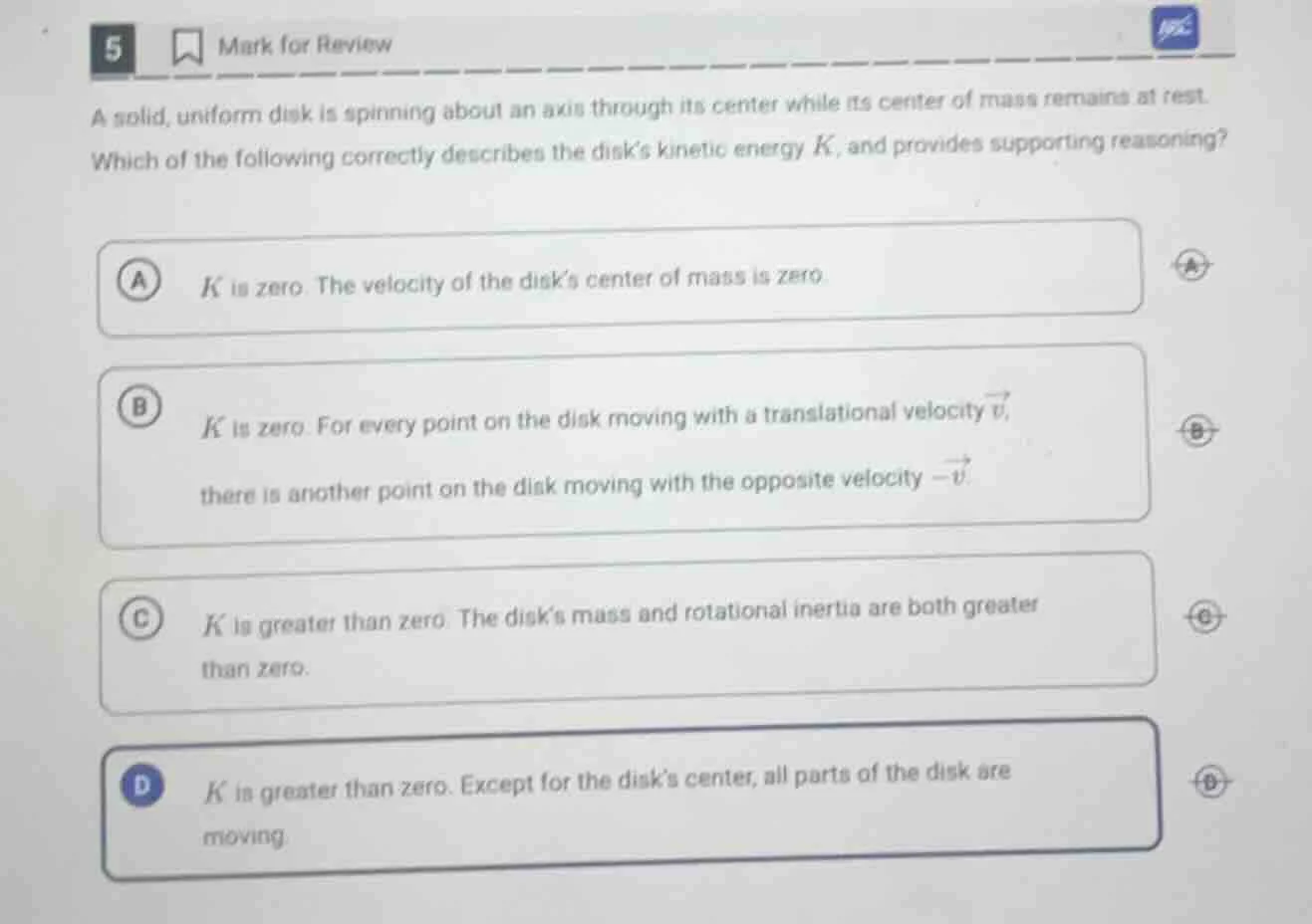 5 mark for review a solid, uniform disk is spinning about an axis throu…