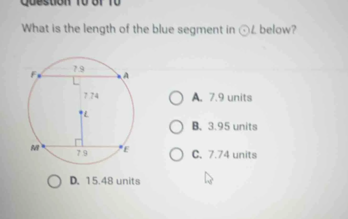 what is the length of the blue segment in \\(\\odot l\\) below? a. 7.9 …