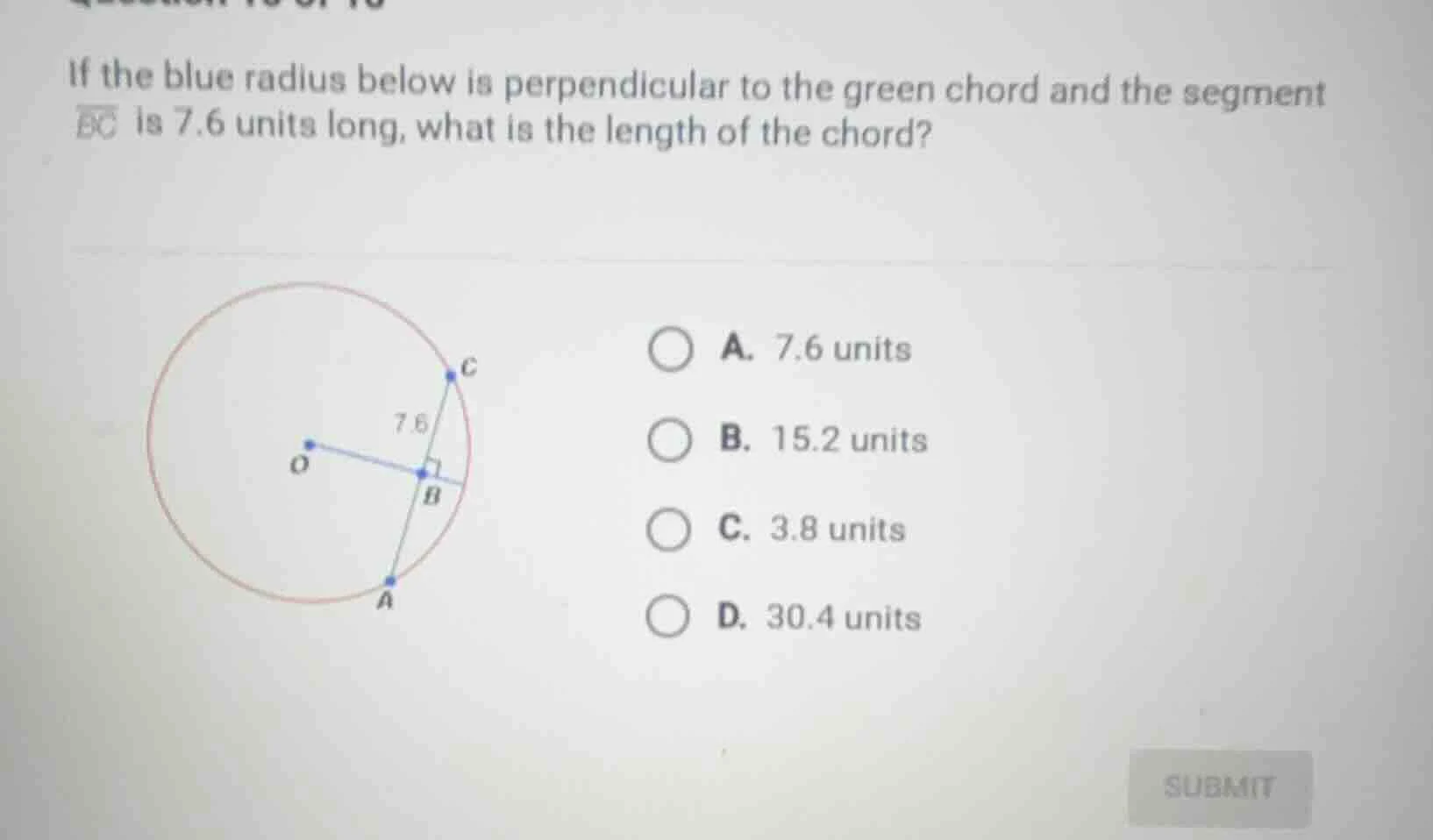 if the blue radius below is perpendicular to the green chord and the se…
