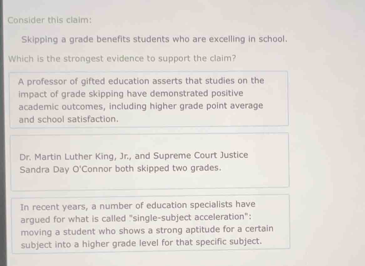 consider this claim: skipping a grade benefits students who are excelli…