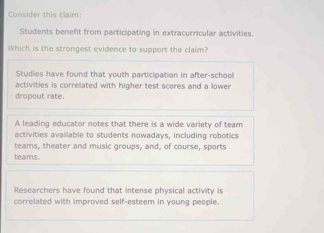 consider this claim: students benefit from participating in extracurric…