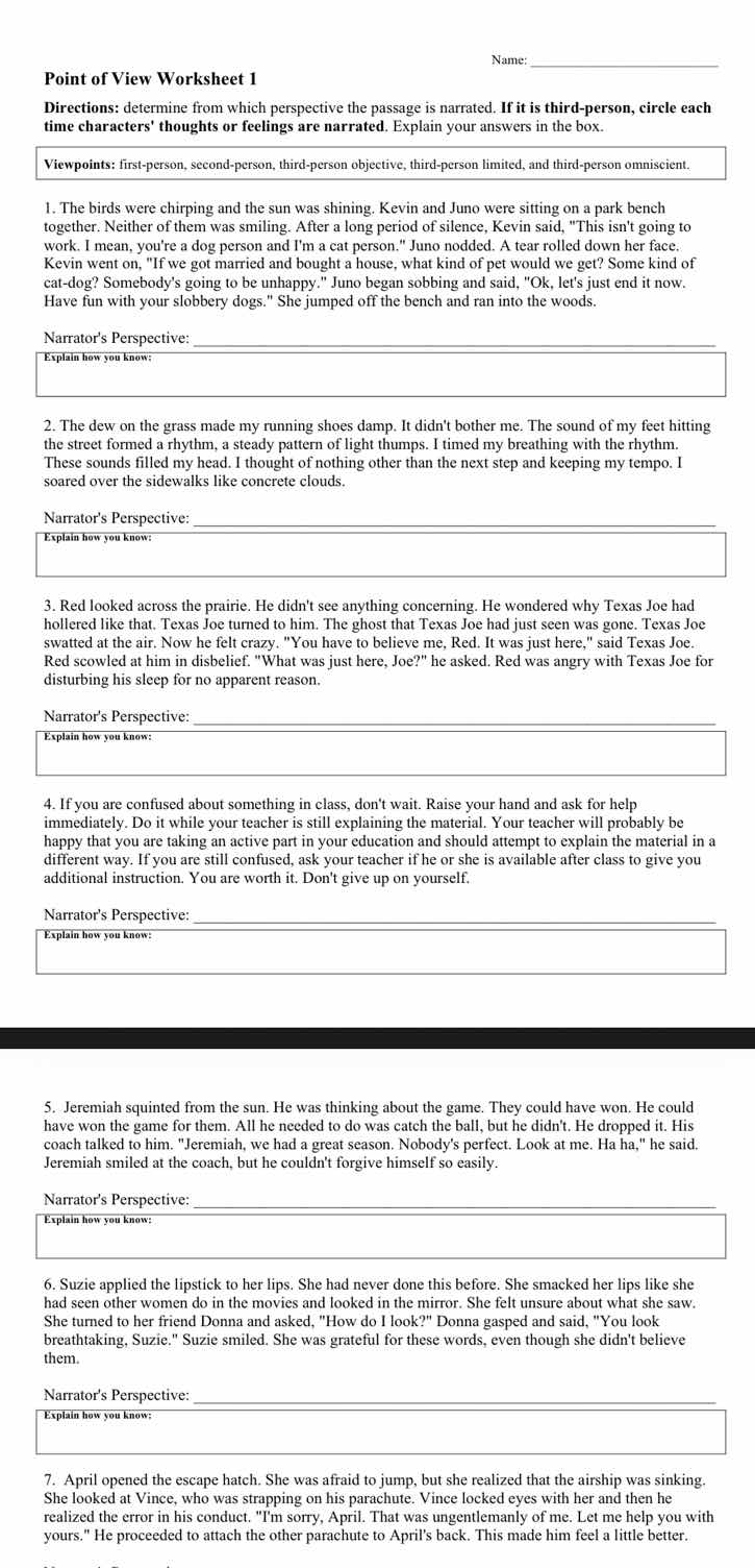 name: point of view worksheet 1 directions: determine from which perspe…