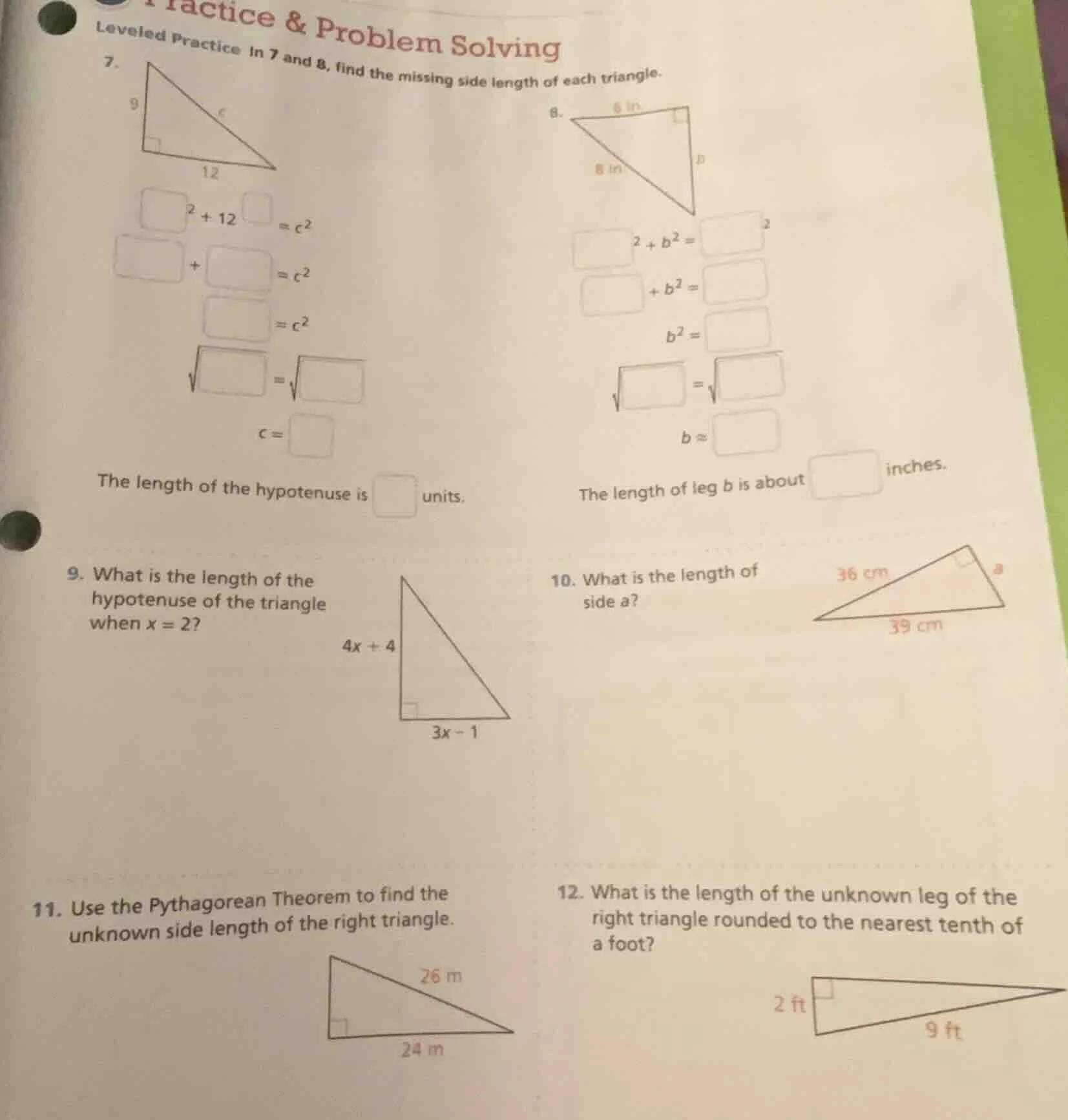 practice & problem solving leveled practice in 7 and 8, find the missin…