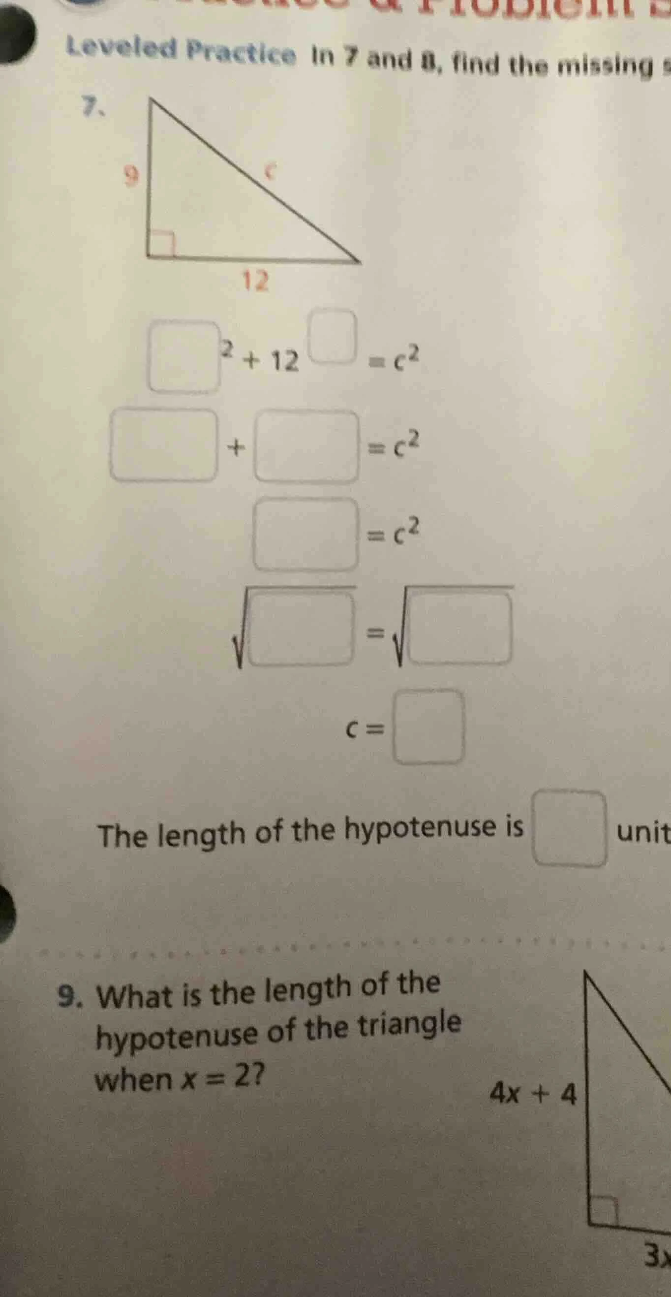 leveled practice in 7 and 8, find the missing 7. $\\square^2 + 12\\squa…