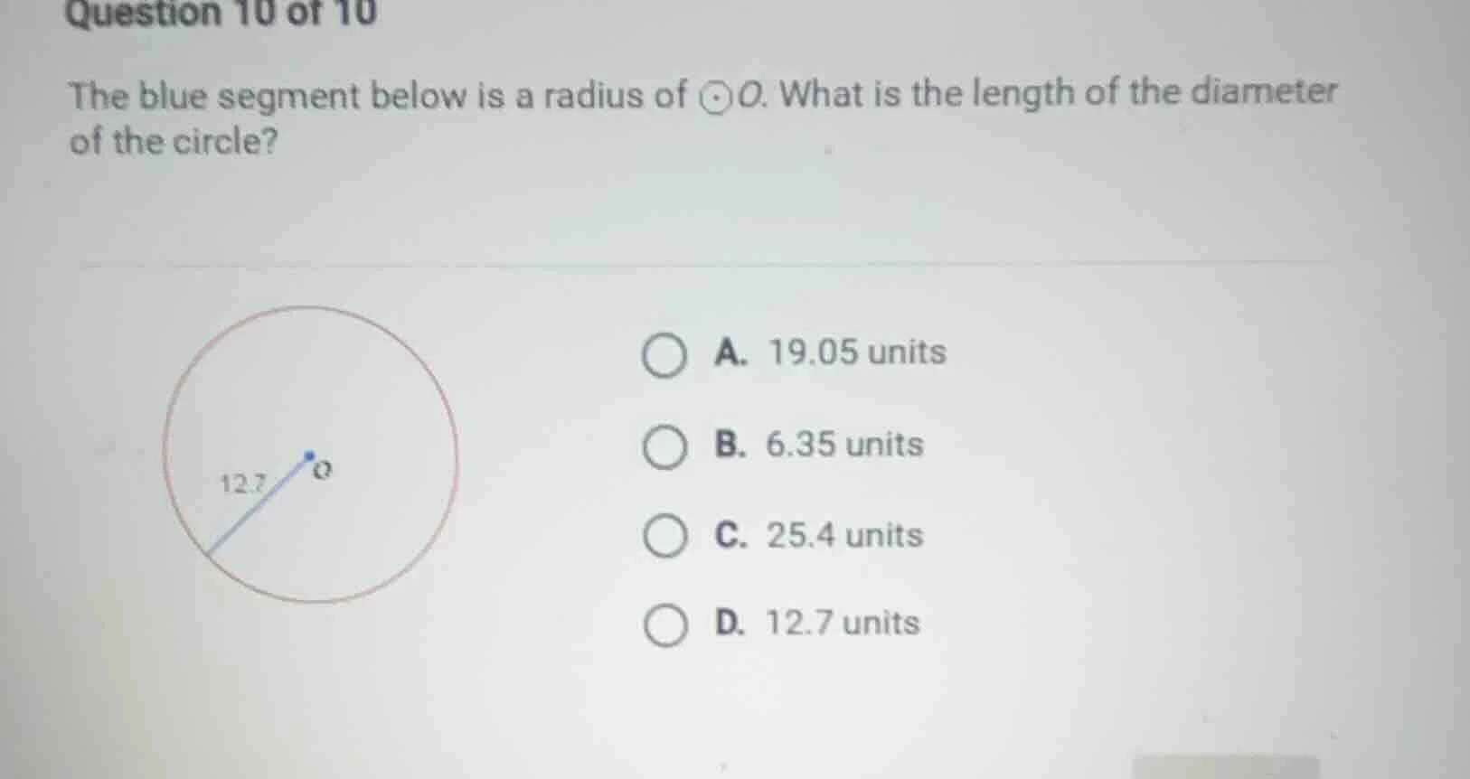 question 10 of 10 the blue segment below is a radius of ⊙o. what is the…