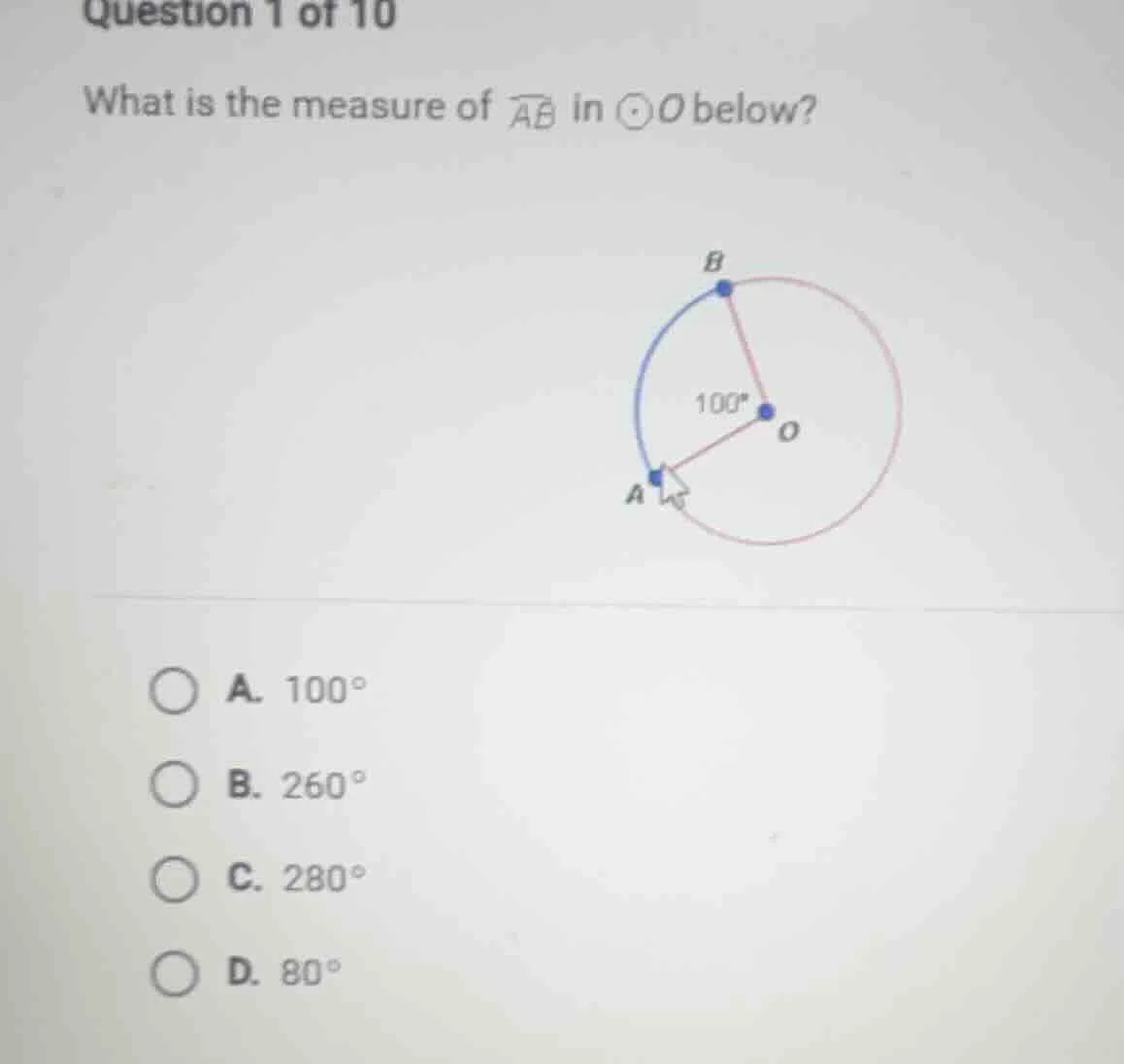 question 1 of 10 what is the measure of \\(\\overarc{ab}\\) in \\(\\odo…