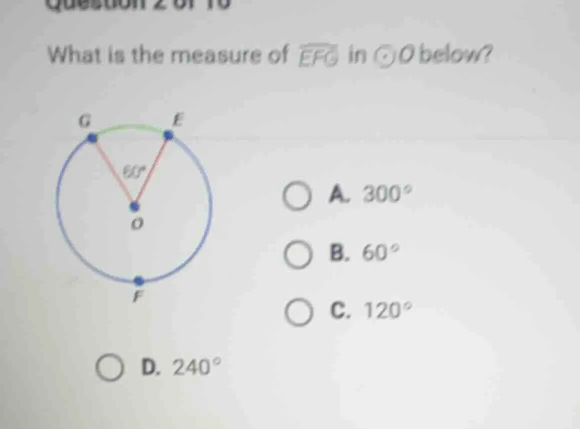 what is the measure of $overarc{efg}$ in $odot o$ below? a. $300^circ$ …