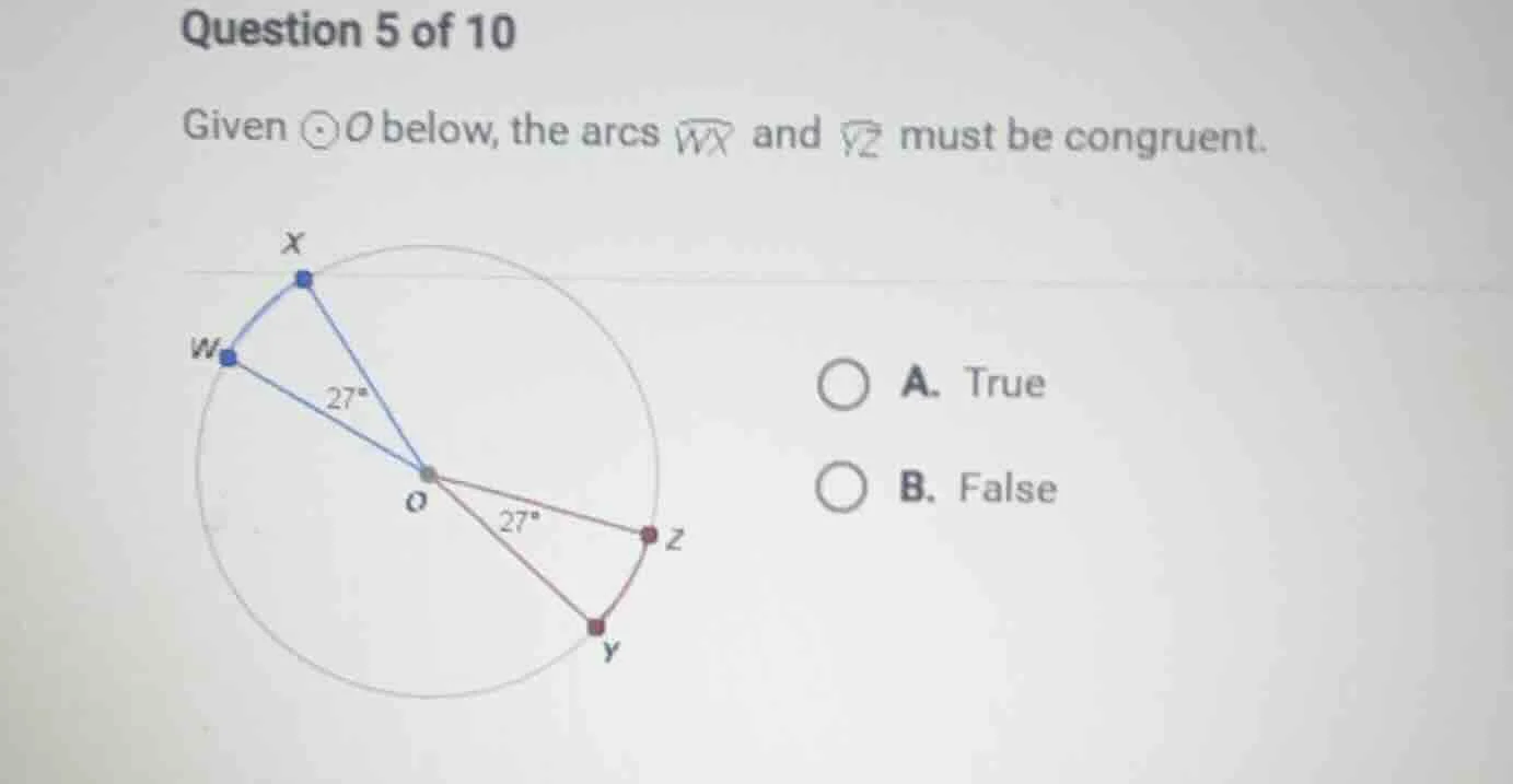 question 5 of 10 given \\( \\odot o \\) below, the arcs \\( \\overarc{w…