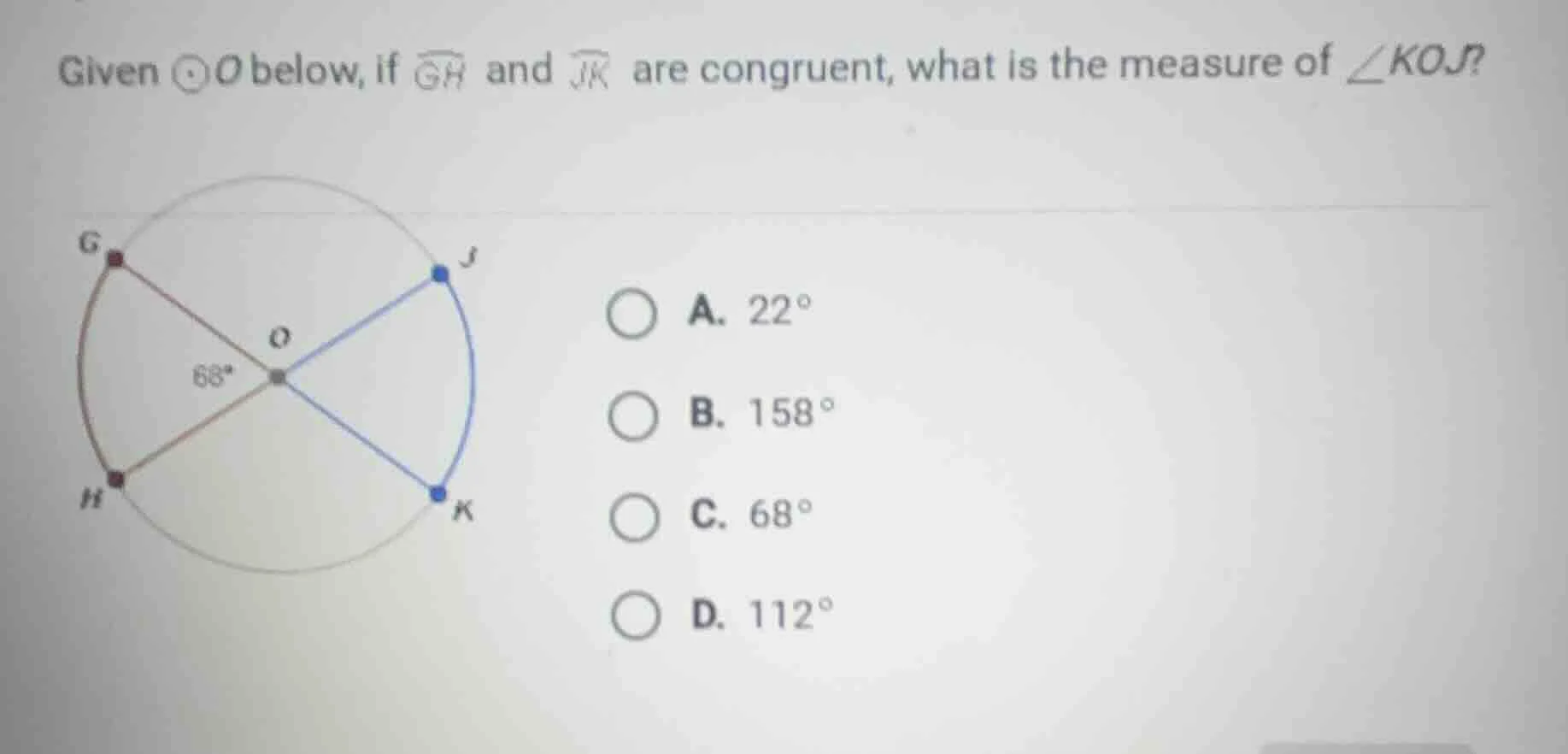 given ⊙o below, if (overarc{gh}) and (overarc{jk}) are congruent, what …