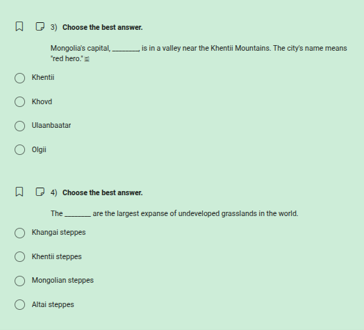 3) choose the best answer. mongolias capital, ______, is in a valley ne…