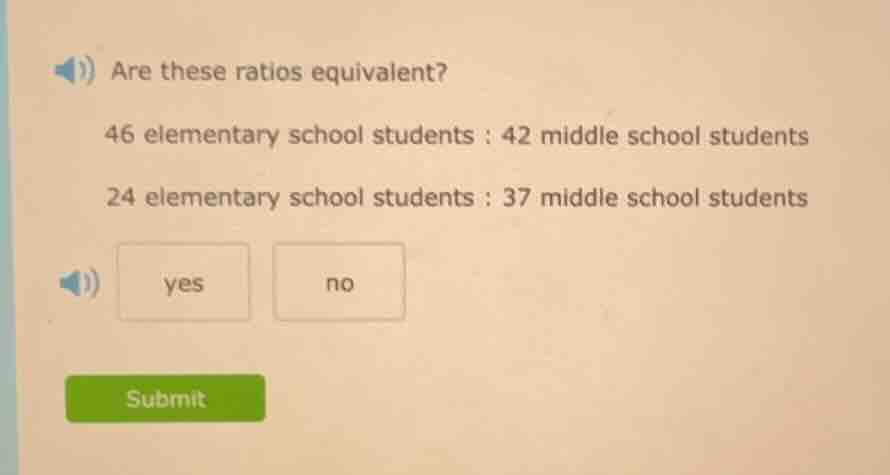 are these ratios equivalent? 46 elementary school students : 42 middle …
