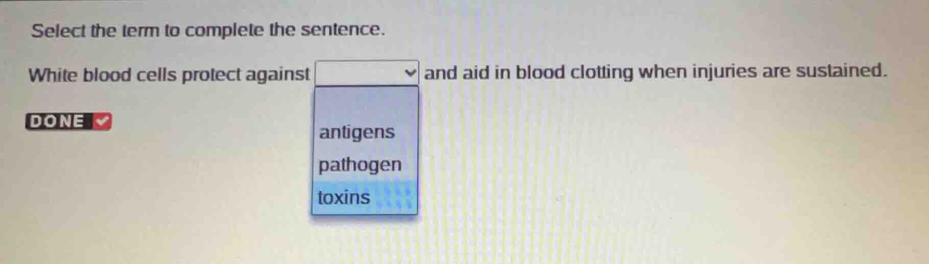 select the term to complete the sentence. white blood cells protect aga…