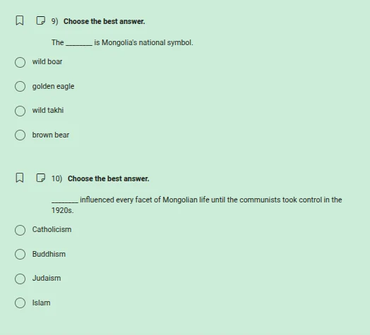 9) choose the best answer. the ______ is mongolias national symbol. - w…