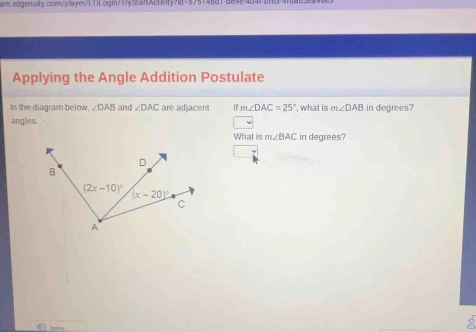 applying the angle addition postulate in the diagram below, ∠dab and ∠d…