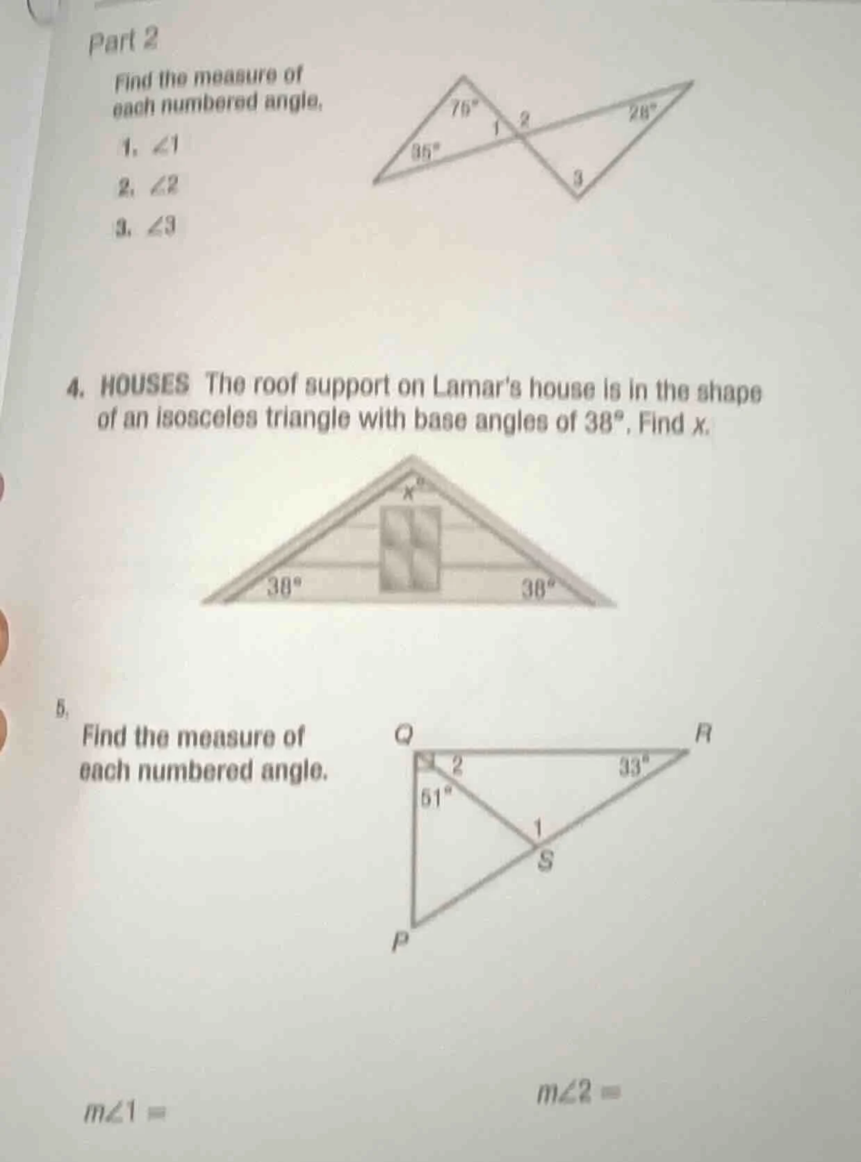 part 2 find the measure of each numbered angle. 1. $\\angle 1$ 2. $\\an…