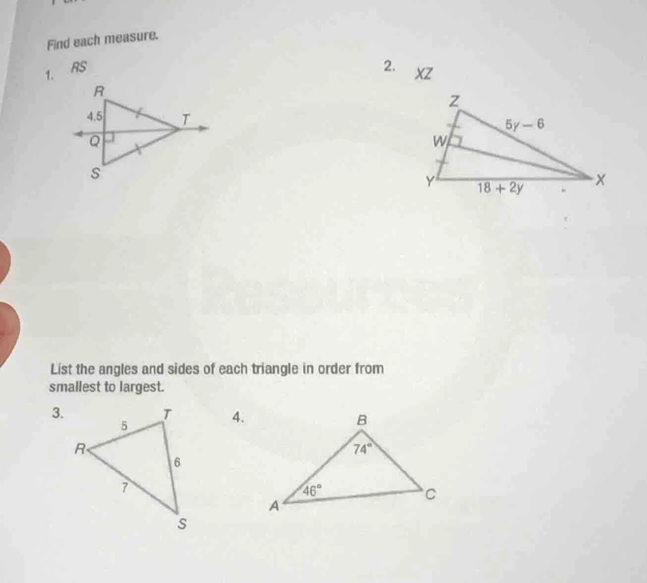 find each measure. 1. rs 2. xz list the angles and sides of each triang…