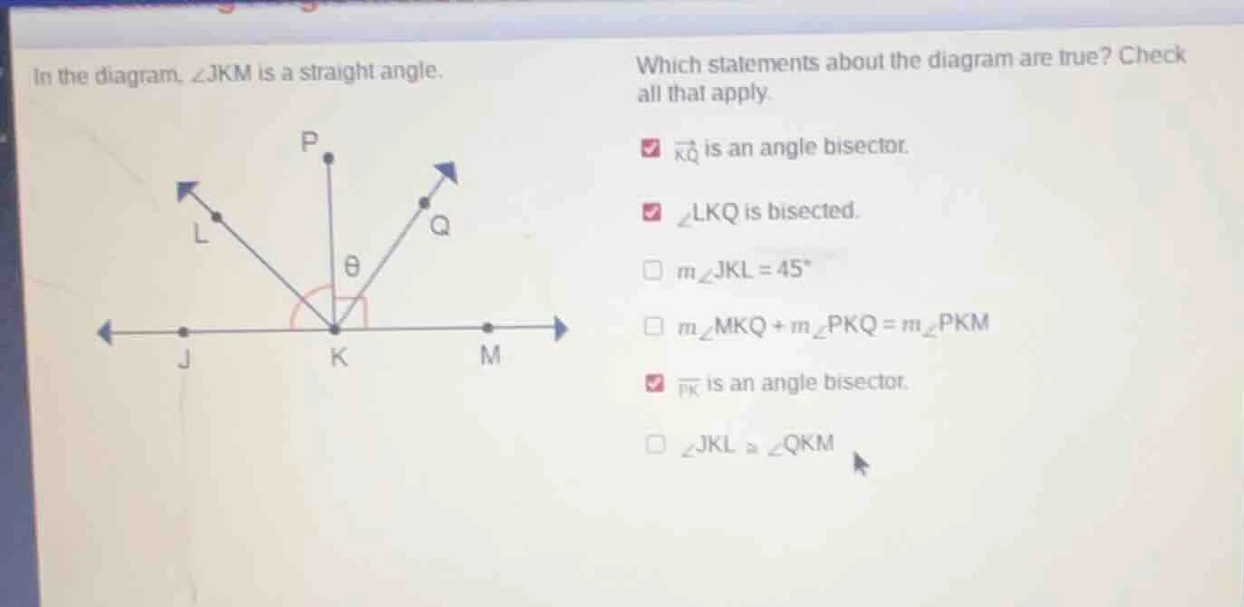 in the diagram, ∠jkm is a straight angle. which statements about the di…