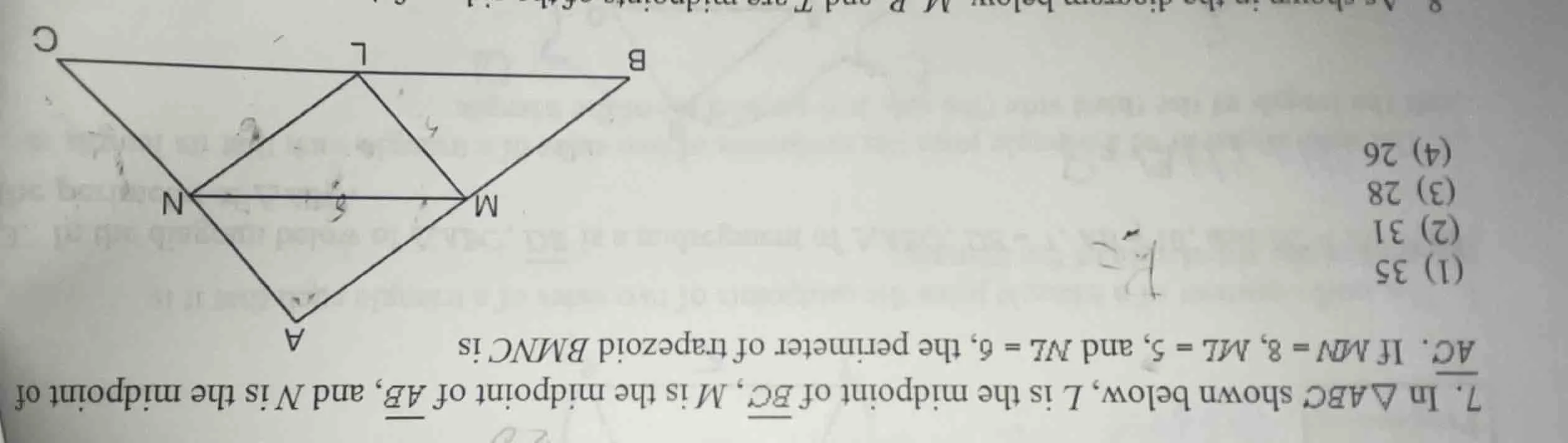 7. in △abc shown below, l is the midpoint of (overline{bc}), m is the m…
