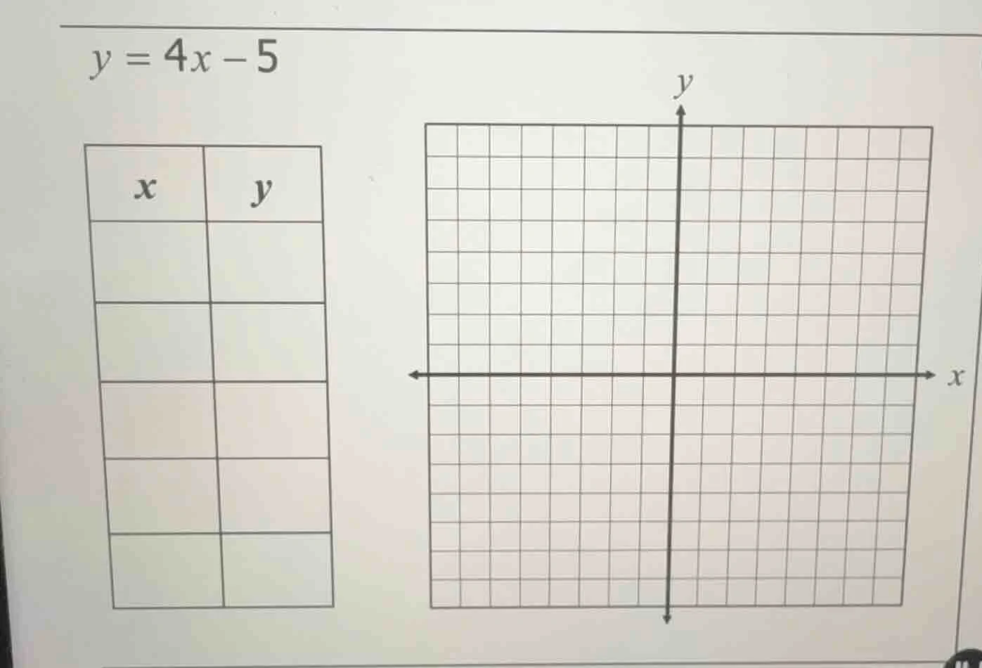 y = 4x - 5\ \ | x | y |\ | --- | --- |\ | | |\ | | |\ | | |\ | | |\ | |…