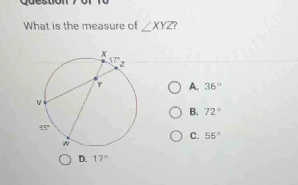 question 7 of 10 what is the measure of ∠xyz? a. 36° b. 72° c. 55° d. 1…