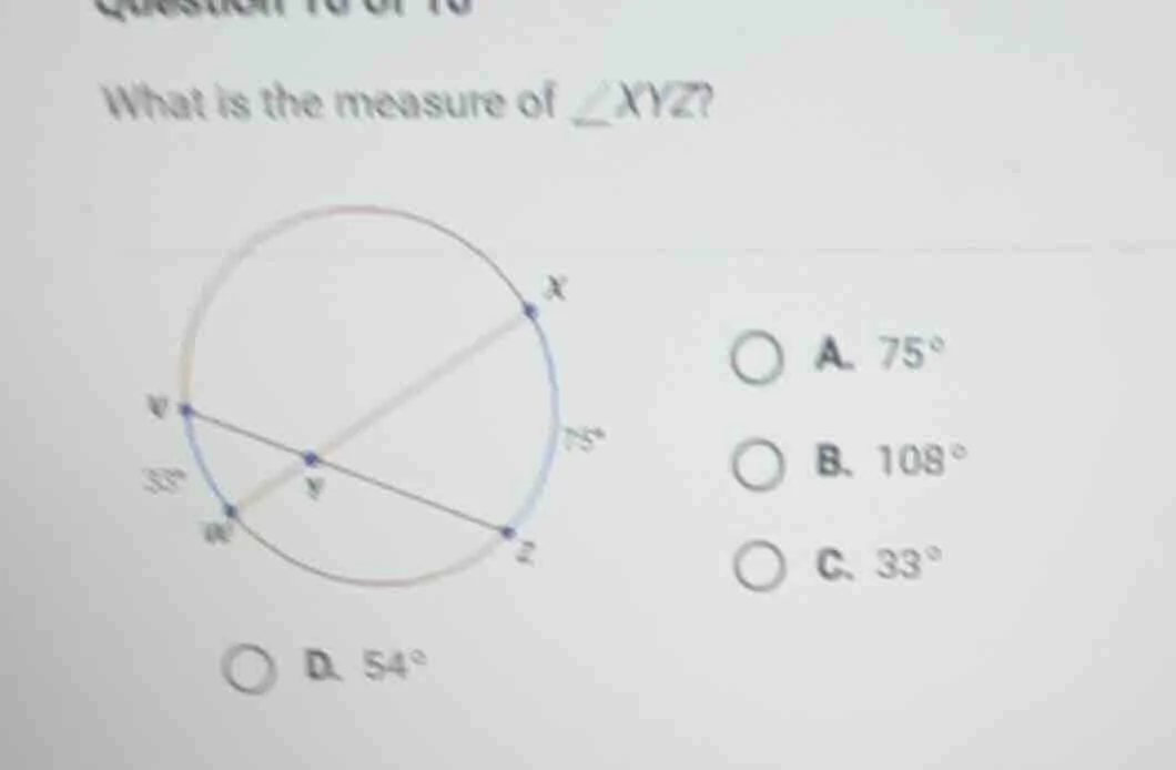 what is the measure of $\\angle xyz$?\ \ a. $75^\\circ$\ b. $108^\\circ…