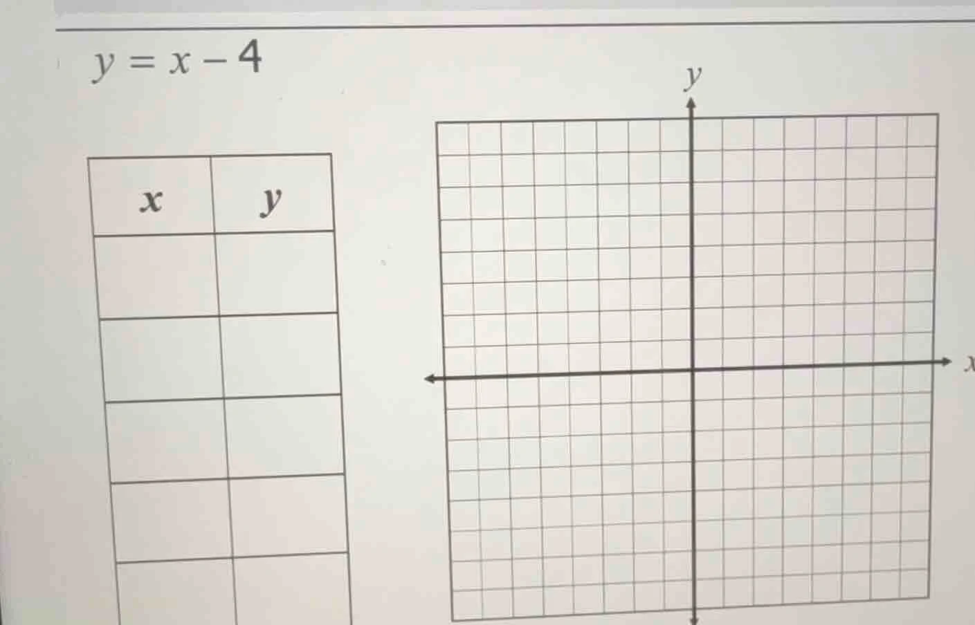 y = x - 4\ \ | x | y |\ | | |\ | | |\ | | |\ | | |\ | | |\ \ (coordinat…