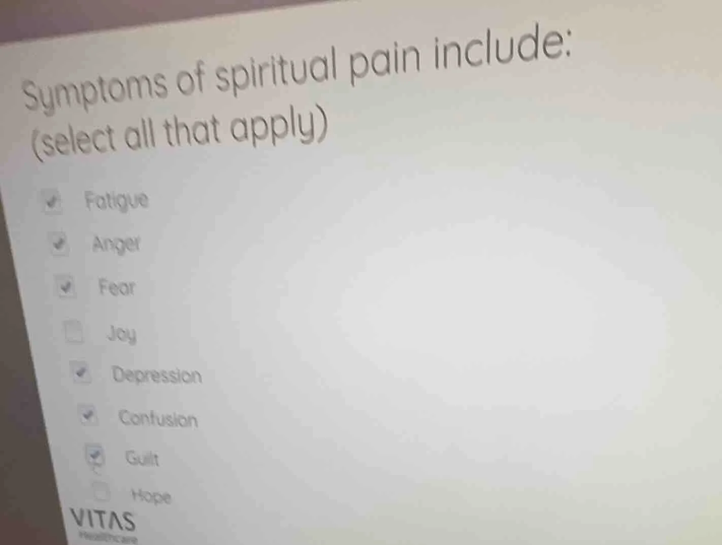 symptoms of spiritual pain include: (select all that apply) fatigue ang…