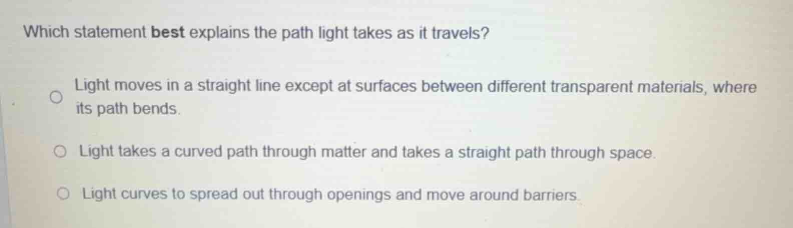 which statement best explains the path light takes as it travels? light…