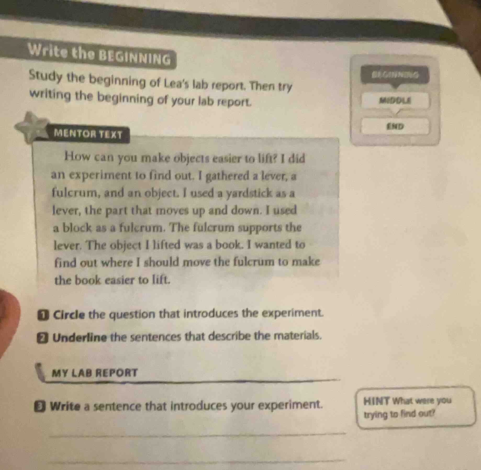 write the beginning study the beginning of lea’s lab report. then try w…